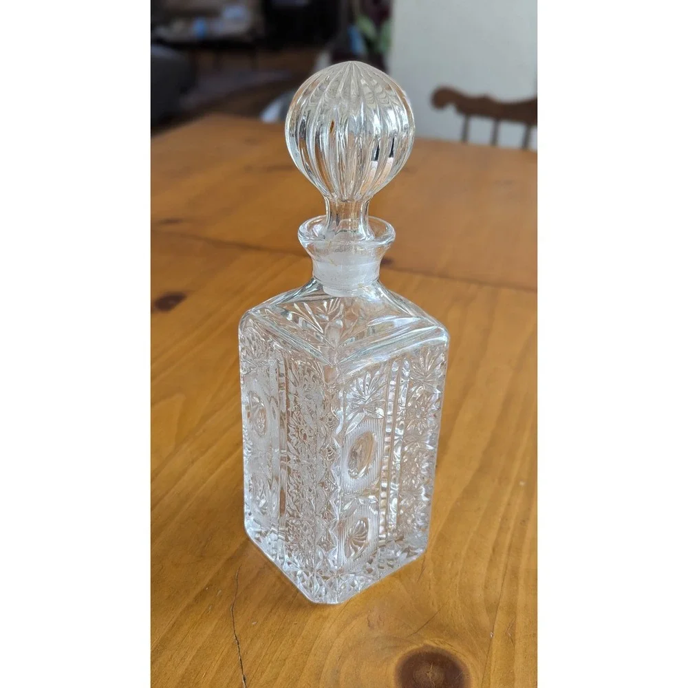 Vintage Clear Cut Crystal Square Decanter with Ribbed Stopper Starburst Pattern